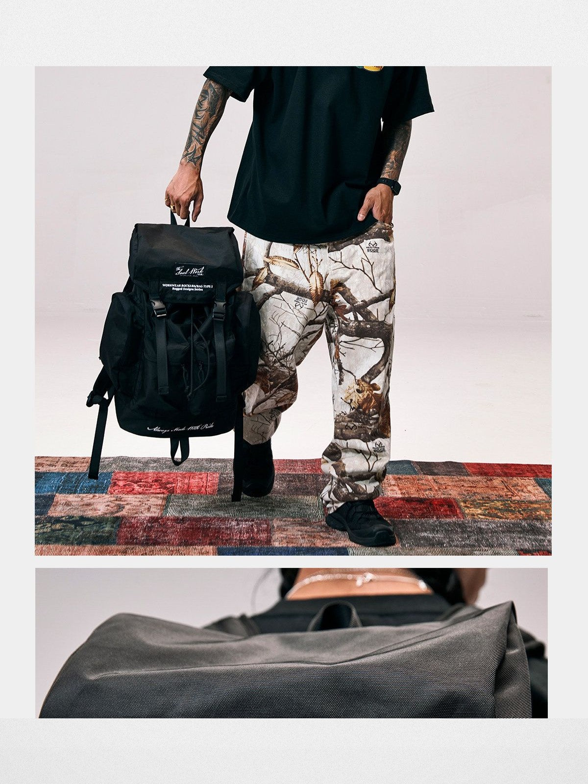 SWFI Far East Large Nylon Drawstring Backpack in Black - On Model