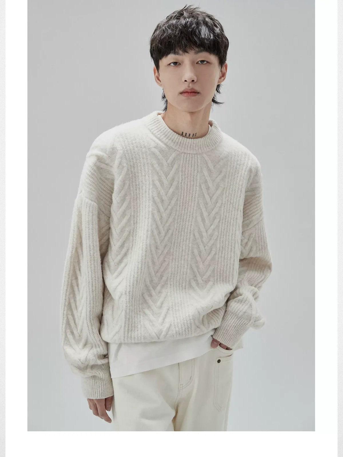 NANS Yak Wool Blend Cable Knit Sweater in White - On Model