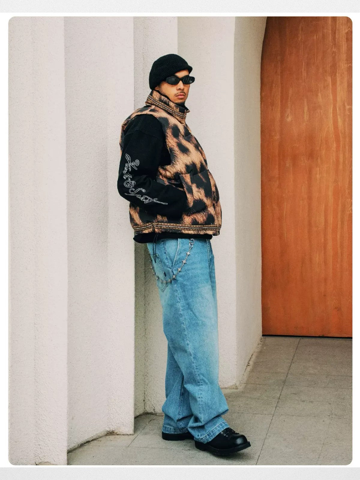 SWFI Far East Leopard Print Padded Vest in Brown - On Model