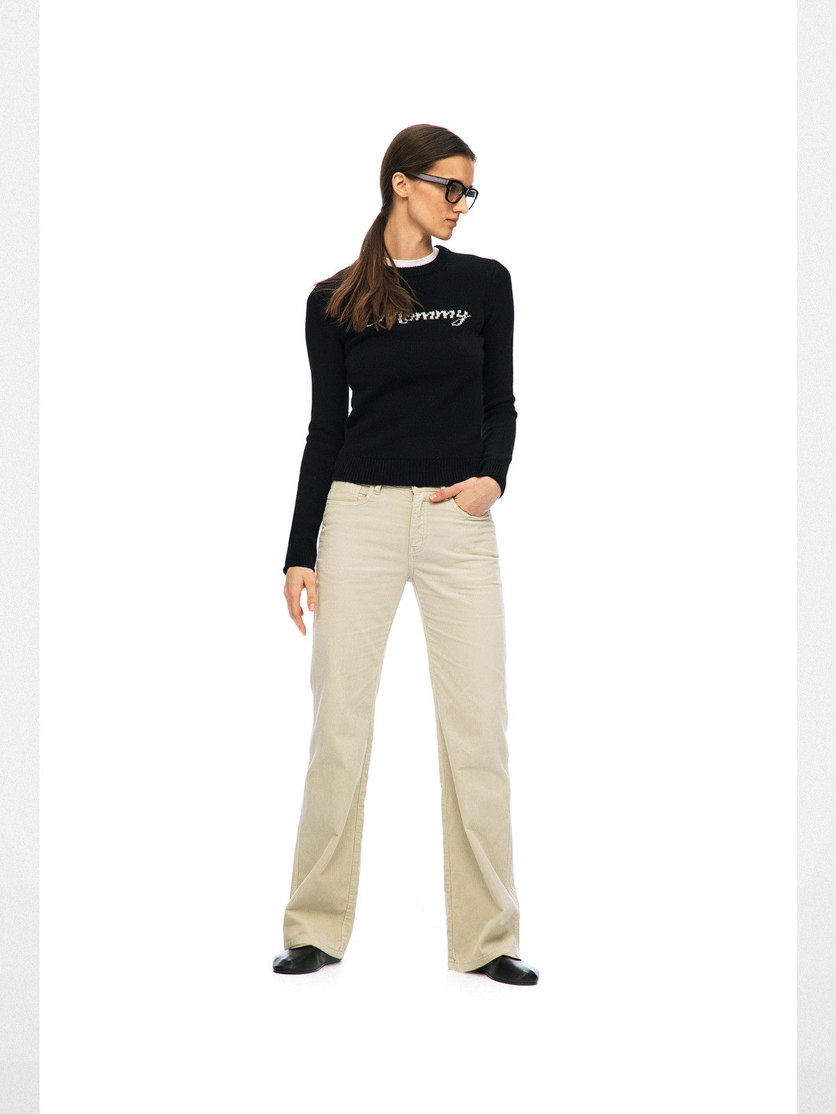 Alright Then Script Jacquard Lambswool Sweater in Black - On Model