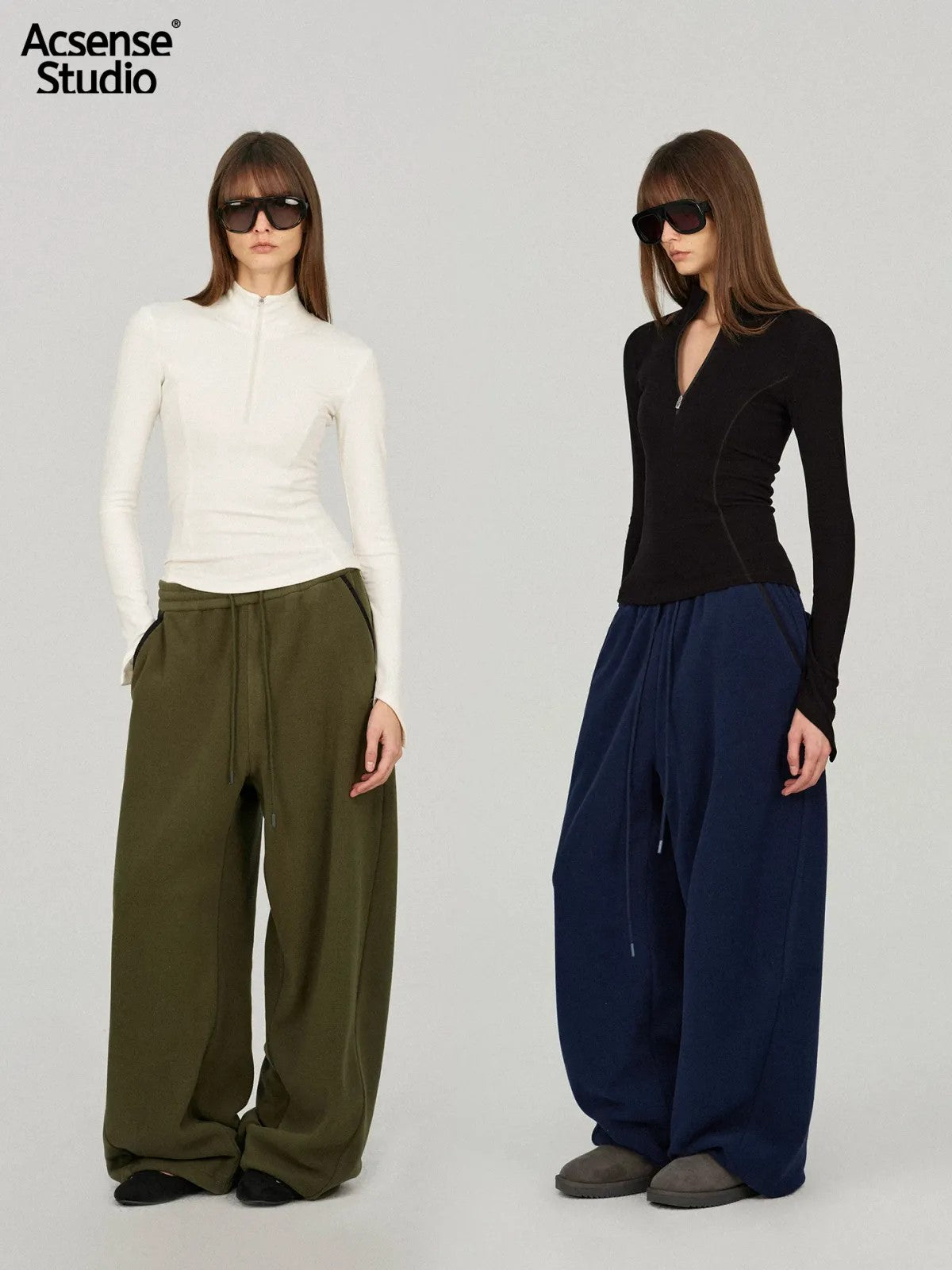 ACSENSE STUDIO High Neck Half Zip Top in White - On Model