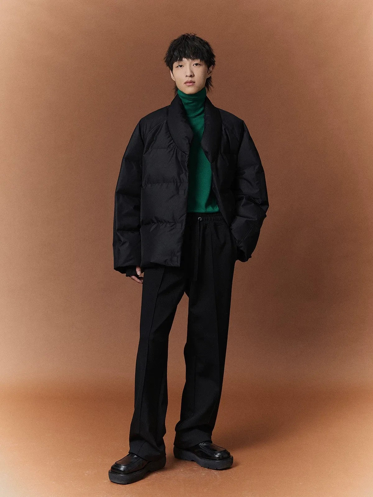 NANS Kimono Collar Down Puffer in Black - On Model