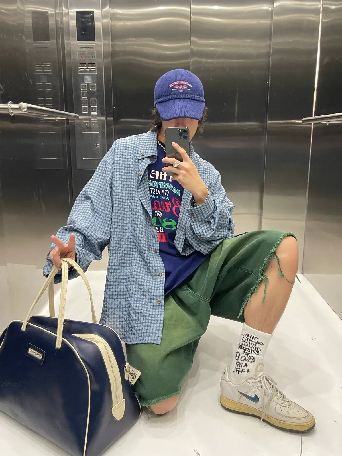 MASONPRINCE Oversized Plaid Shirt in Blue - On Model