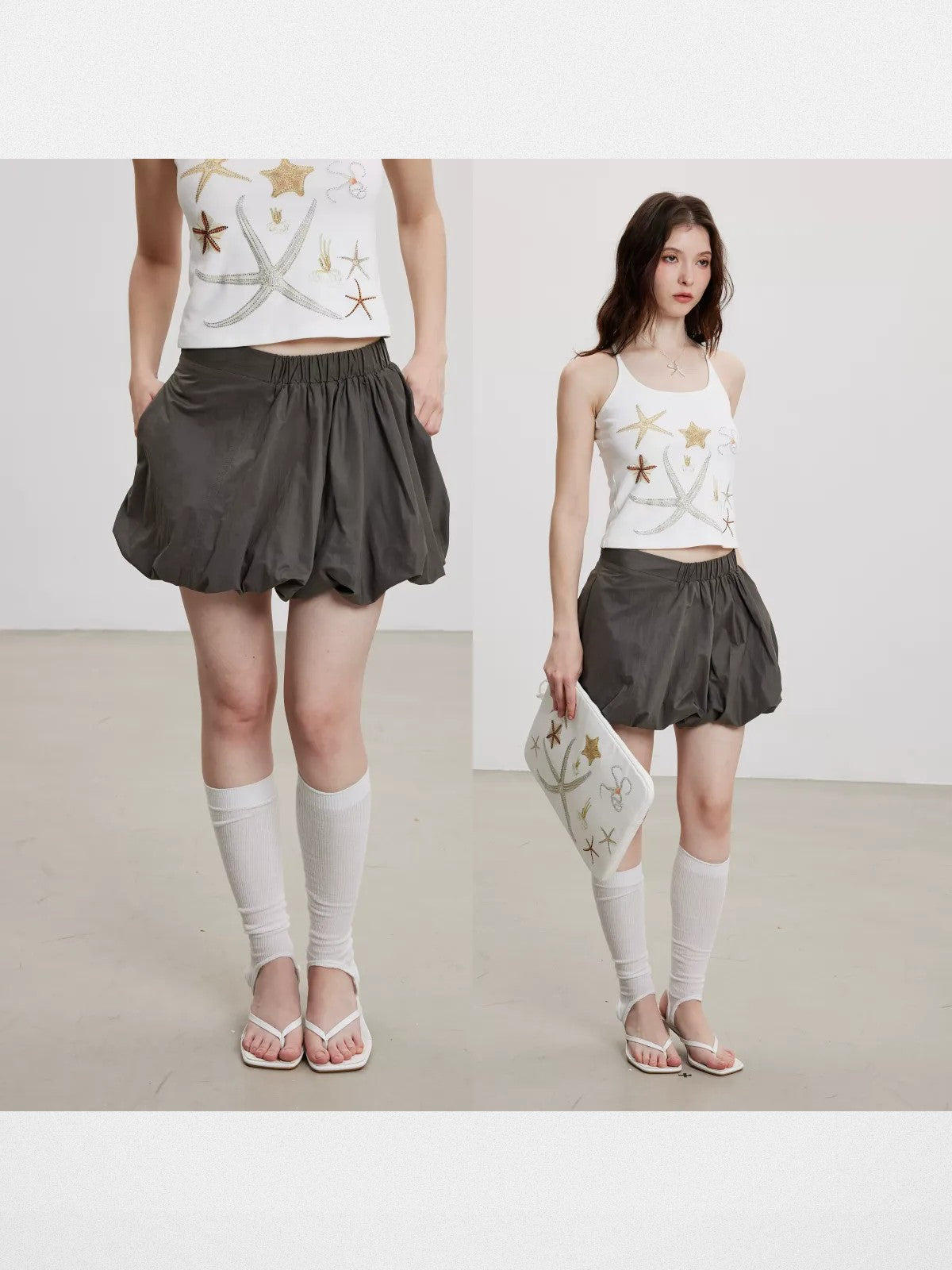 THELIGHT OFFICIAL Elastic Waist Bubble Mini Skirt in Olive - On Model