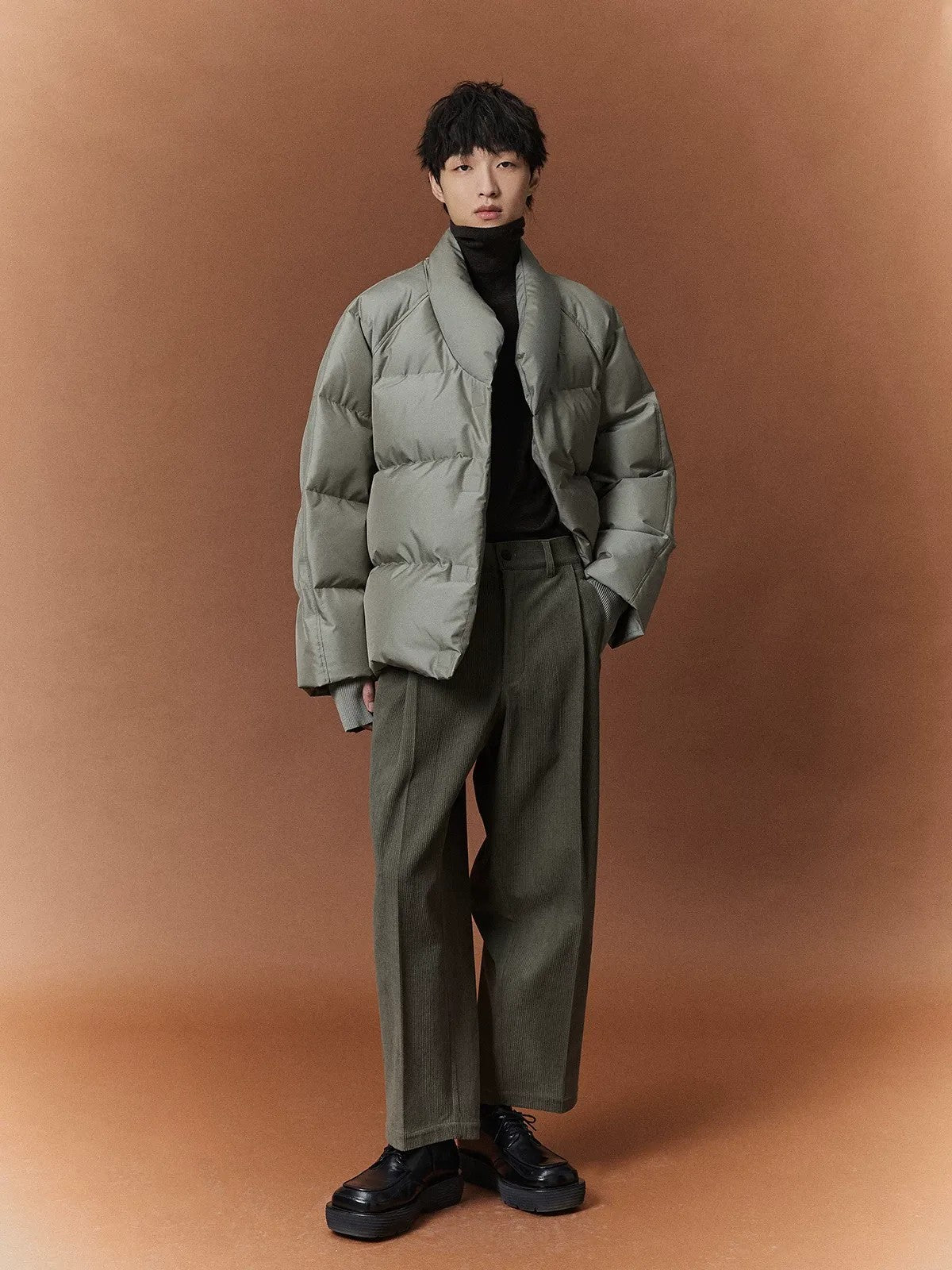 NANS Pleated Corduroy Cropped Trousers in Green - On Model