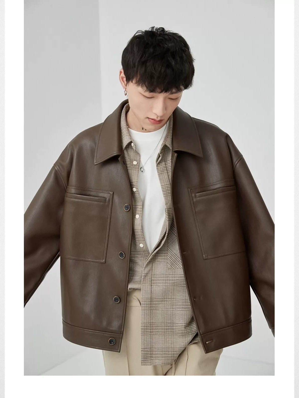 NANS Soft Faux Leather Jacket in Brown - On Model