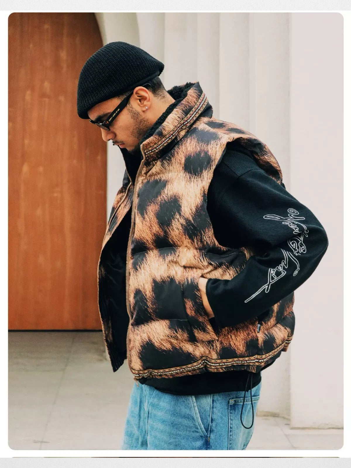 SWFI Far East Leopard Print Padded Vest in Brown - On Model