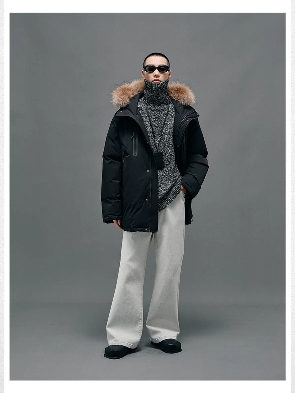 NANS Goose Down Parka with Fur Collar in Black - On Model
