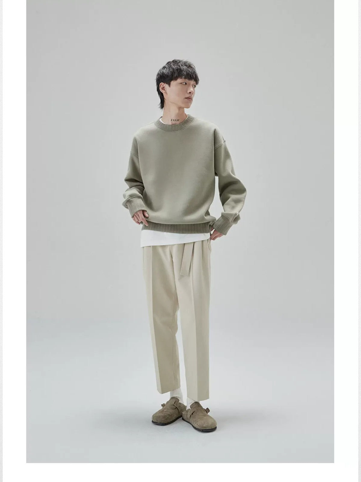 NANS Heavyweight Brushed Fleece Crewneck in Olive - On Model