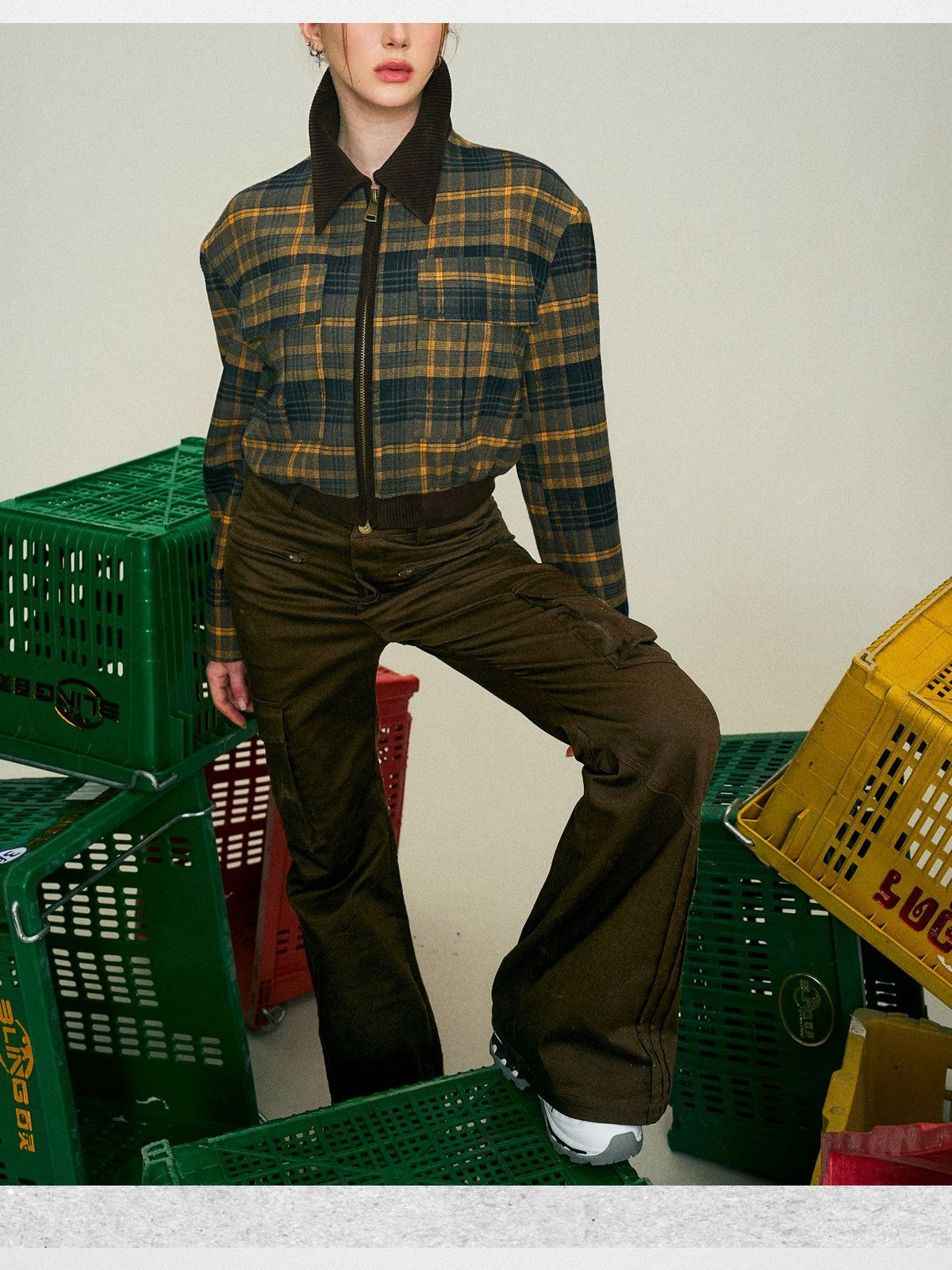 Amee Vintage Plaid Cropped Jacket in Brown - On Model