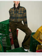 Amee Vintage Plaid Cropped Jacket in Brown - On Model