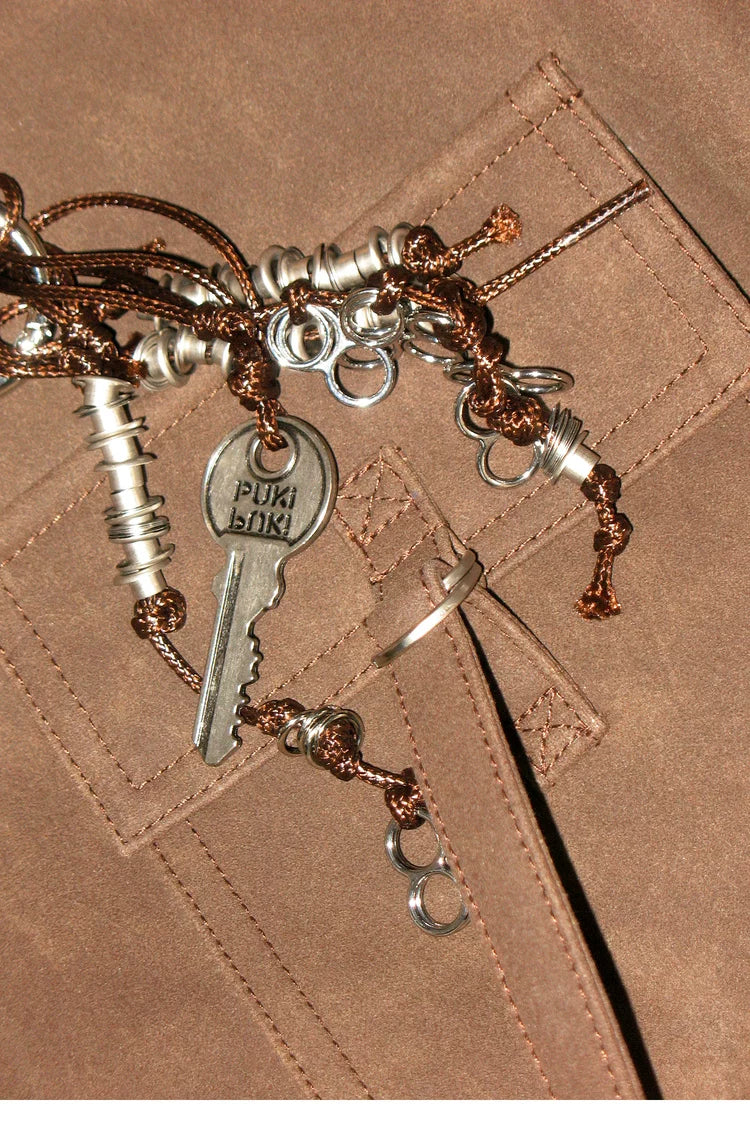 PUKI Reversible Faux Suede Plaid Hobo in Brown - Detail