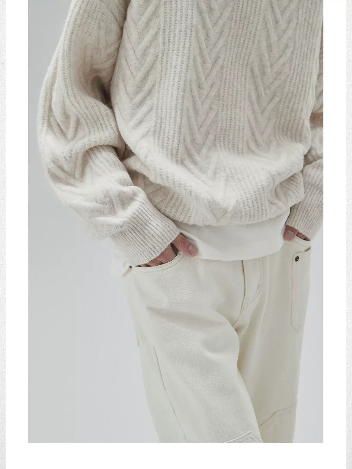 NANS Yak Wool Blend Cable Knit Sweater in White - On Model