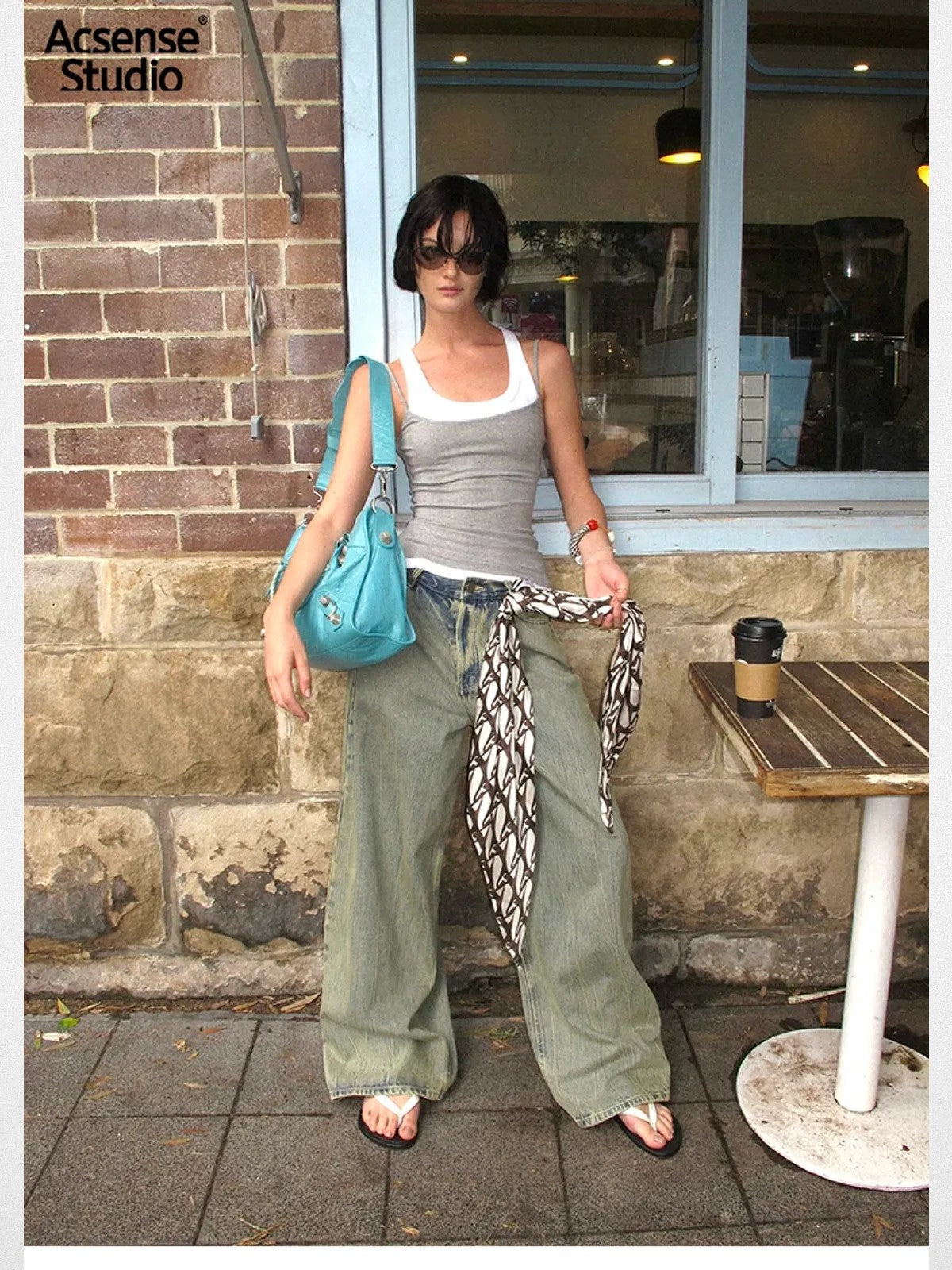 ACSENSE STUDIO Dirty Wash Curved Wide Leg Jeans in Blue - On Model