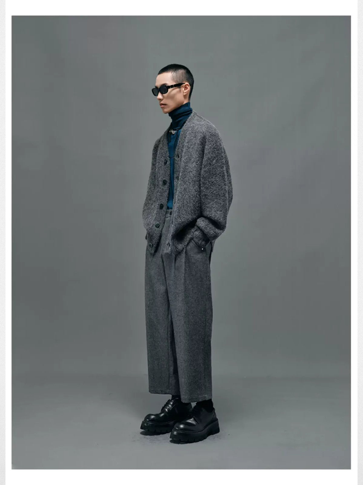 NANS Double Pleated Wool Blend Trousers in Gray - On Model