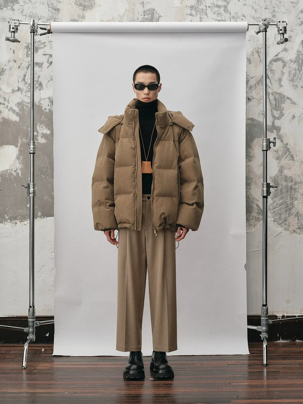 NANS Corduroy Texture Down Puffer Jacket in Beige - On Model