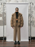 NANS Corduroy Texture Down Puffer Jacket in Beige - On Model