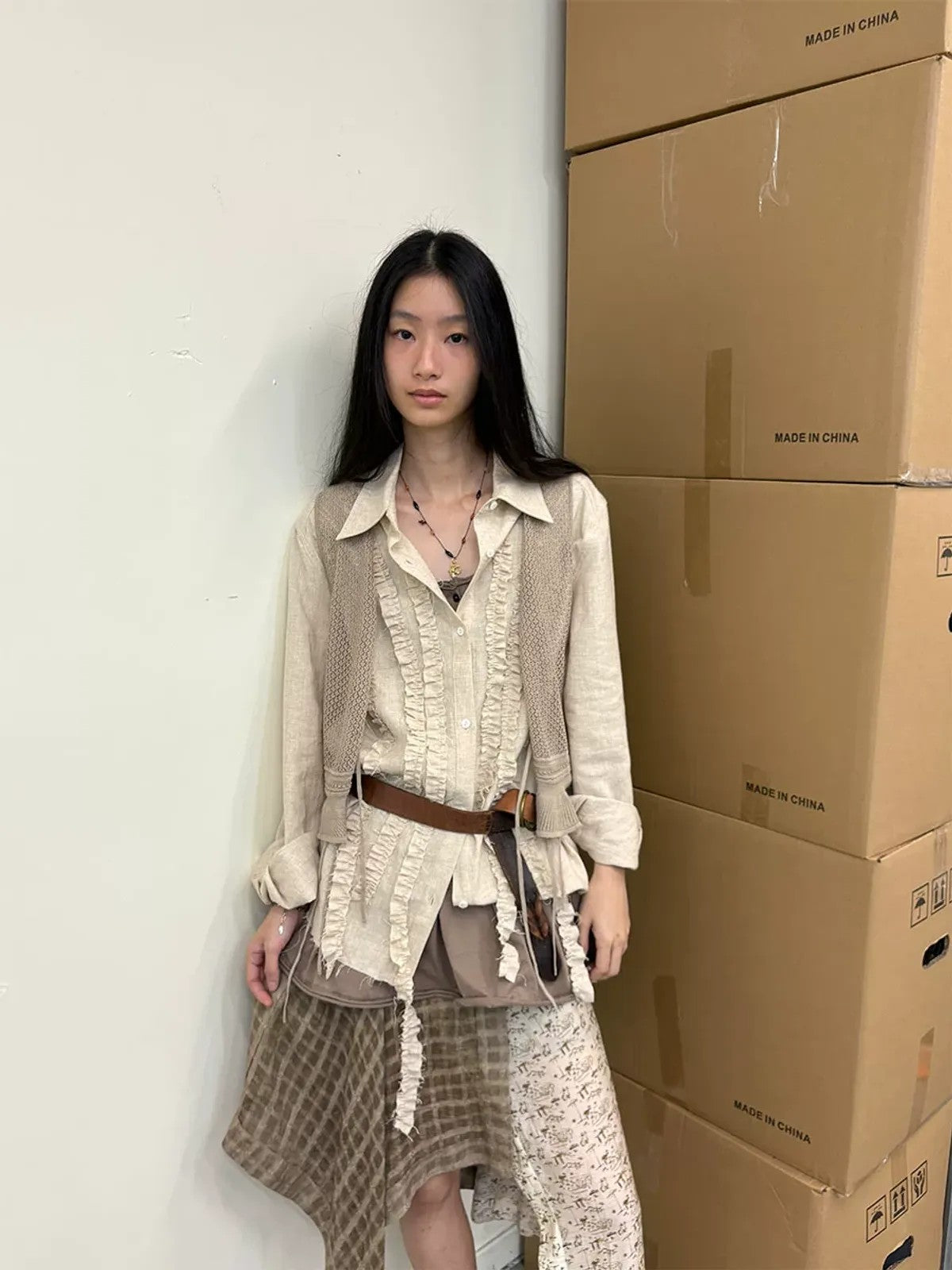 NeverSeez Lyocell Linen Fringe Shirt in Gray - On Model