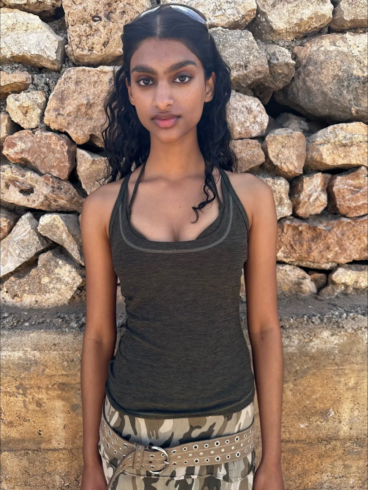 FaxCopyExpress Longline U Cut Racer Tank in Olive - On Model