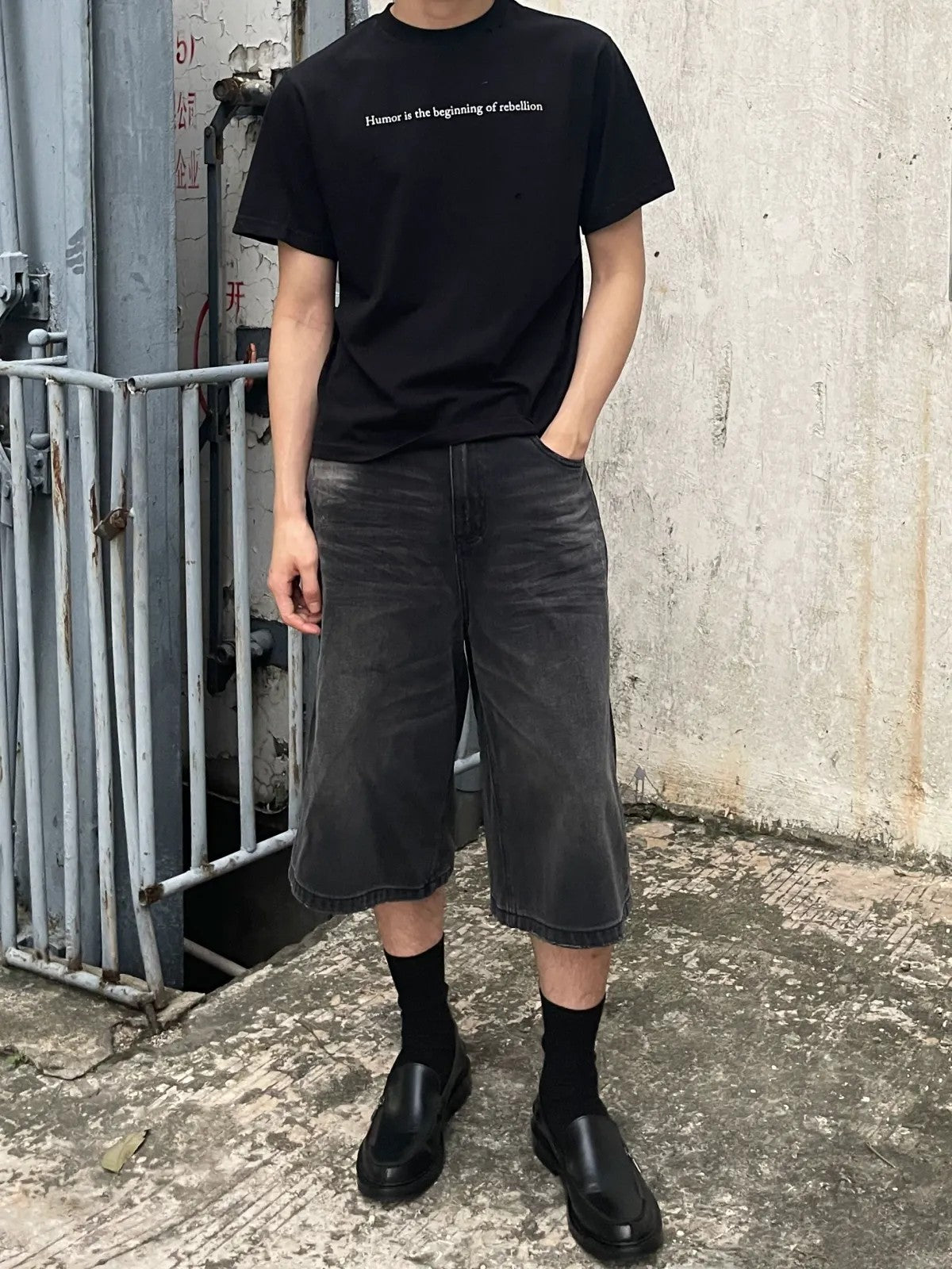 AFterTaste Heavy Distressed Long Denim Shorts in Gray - On Model