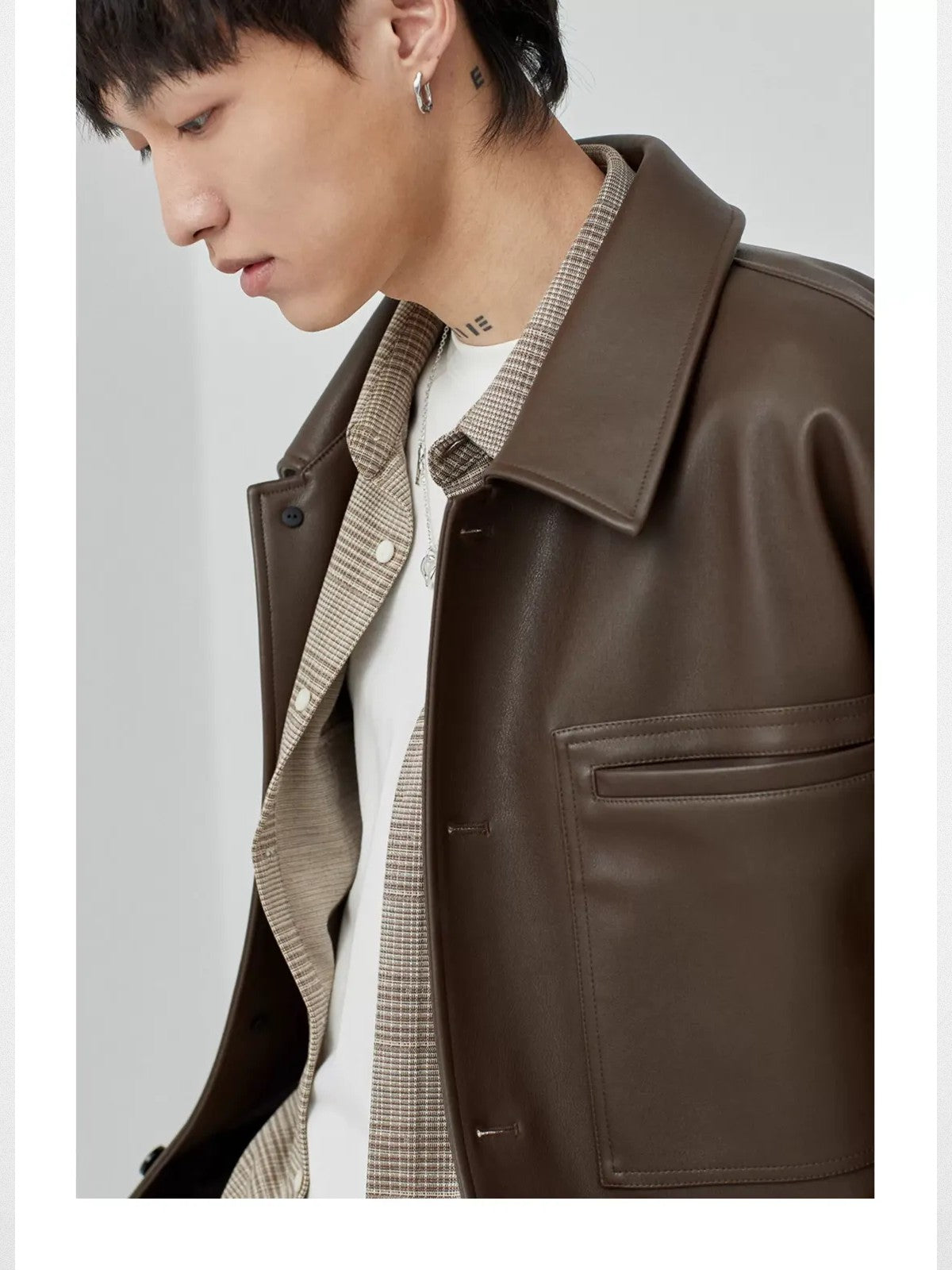 NANS Soft Faux Leather Jacket in Brown - On Model
