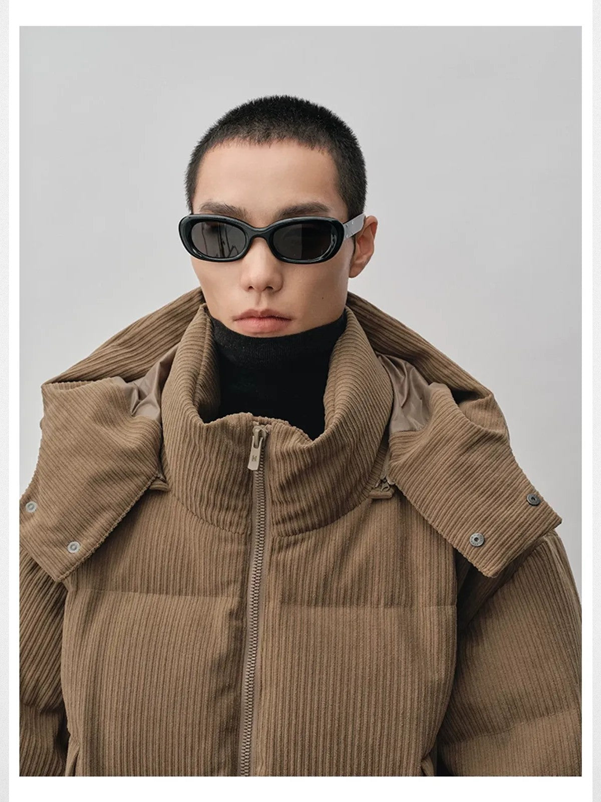 NANS Corduroy Texture Down Puffer Jacket in Beige - On Model