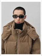 NANS Corduroy Texture Down Puffer Jacket in Beige - On Model