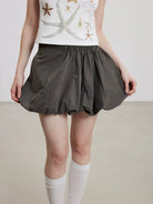 THELIGHT OFFICIAL Elastic Waist Bubble Mini Skirt in Olive - On Model