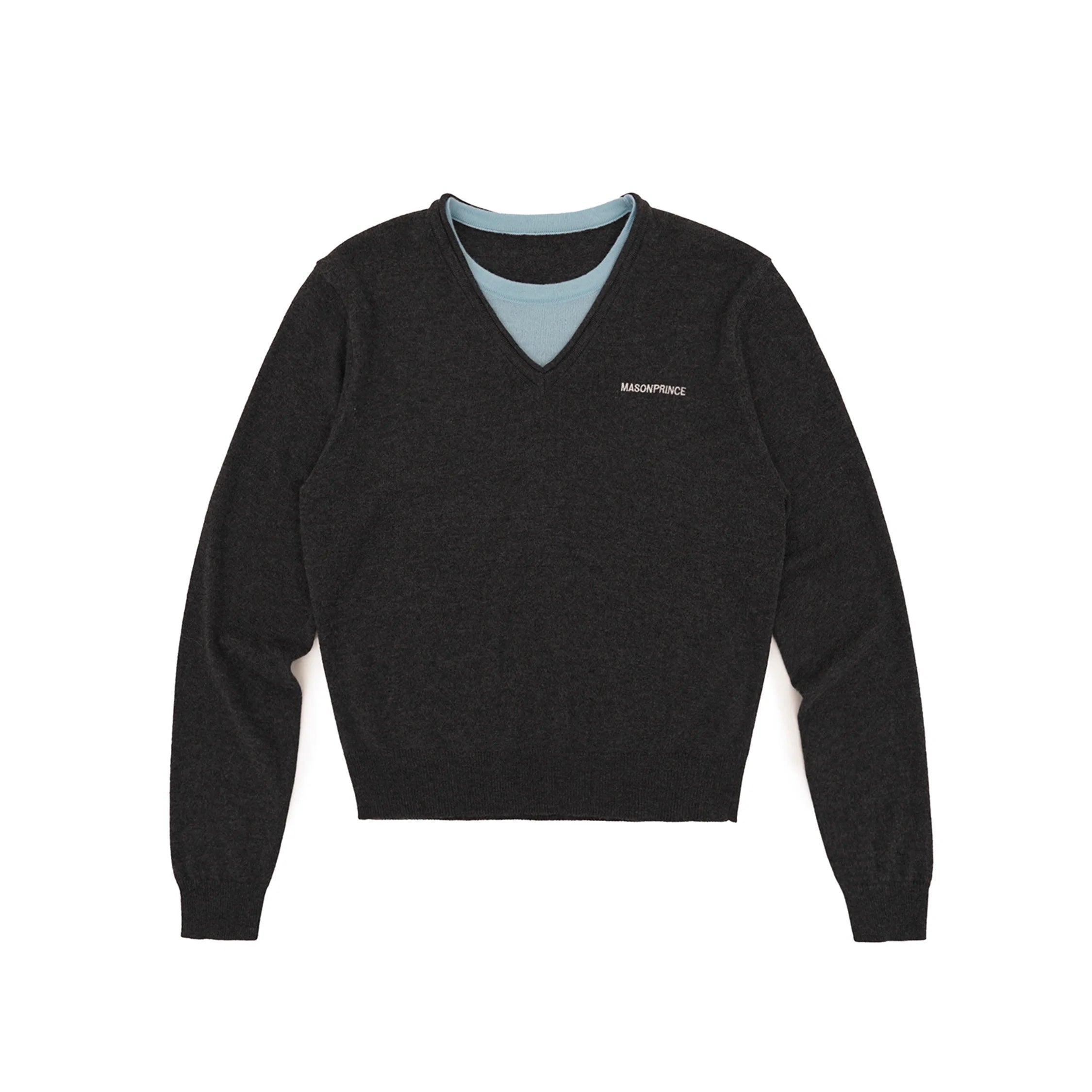 MASONPRINCE Color-Block Faux Two-Piece Embroidered Wool Sweater