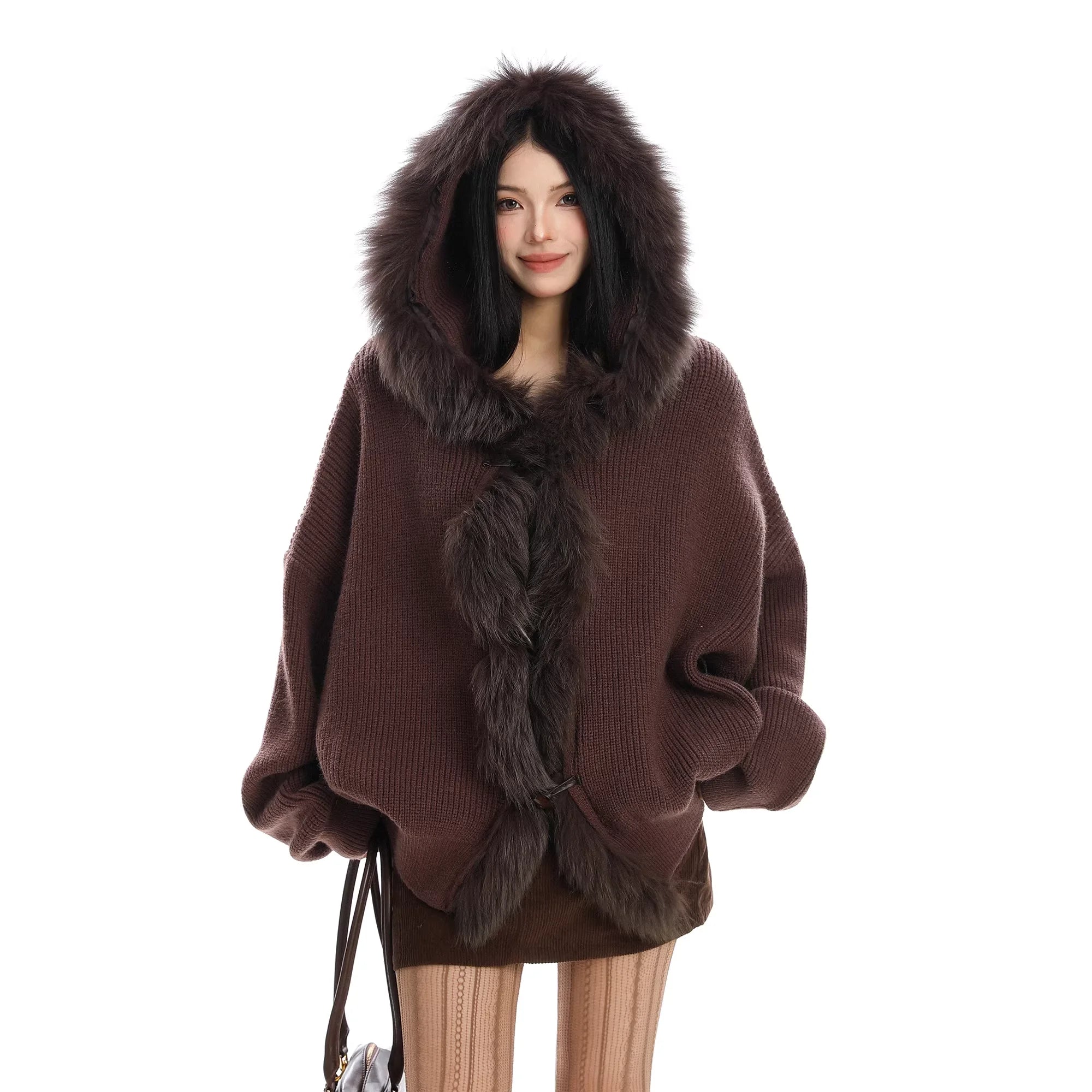 BIGGOLD STUDIO Women's Hooded Knit Cardigan with Faux Fur Trim