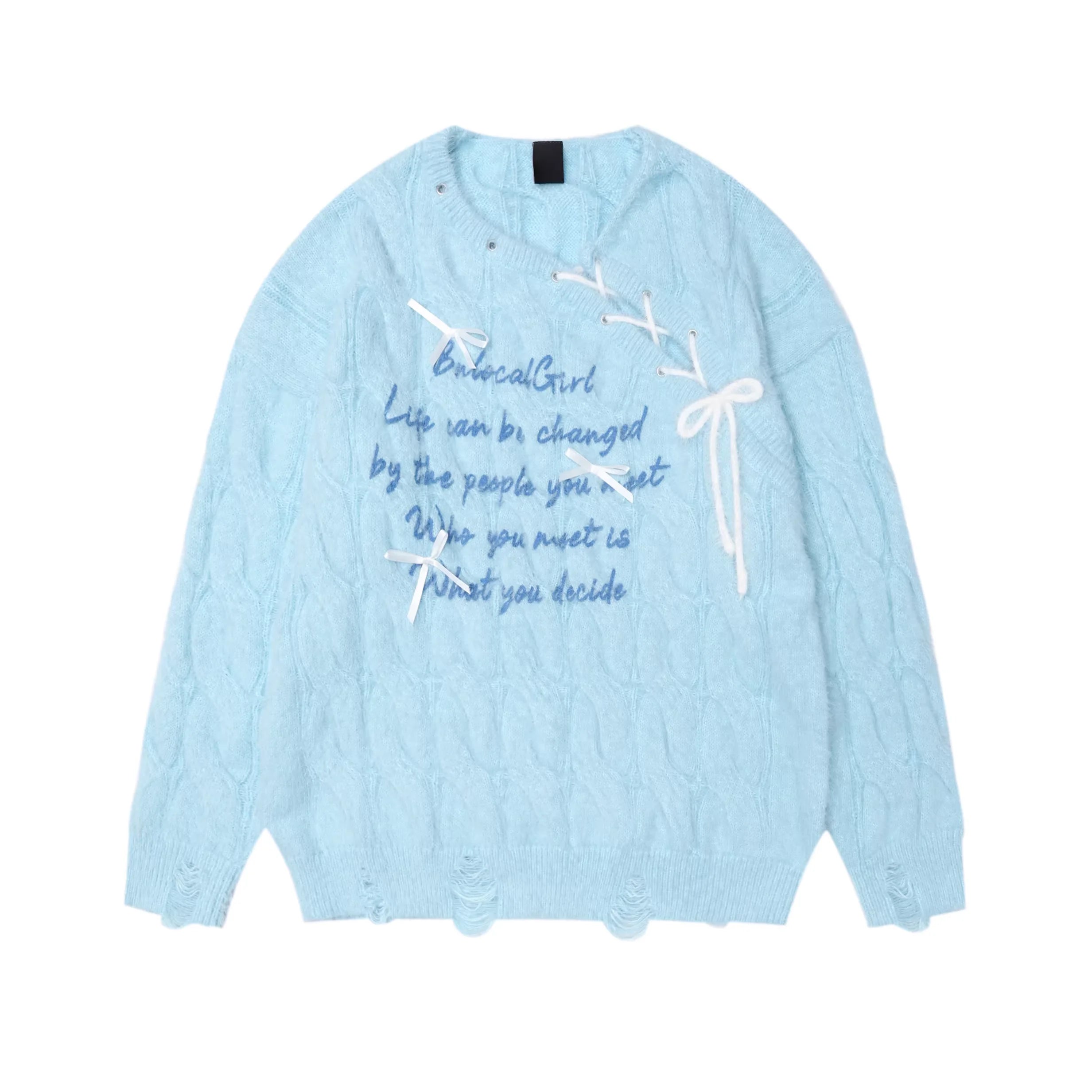 BIGGOLD STUDIO Red Knit Sweater with Bow Accents and Typography for Women