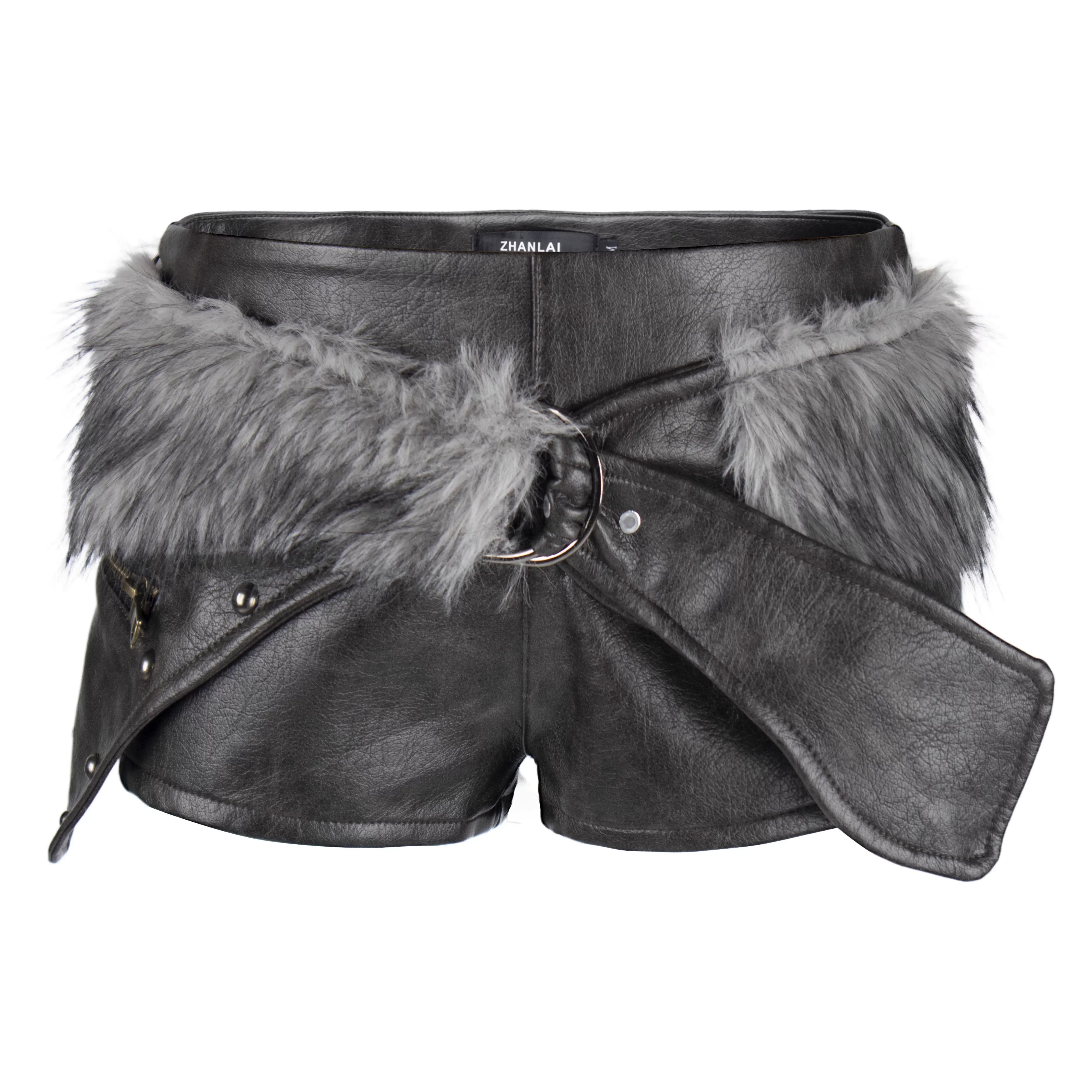 BIGGOLD STUDIO Faux Leather Patchwork Low-Waist Mini Skirt with Fur Trim and Stud Details