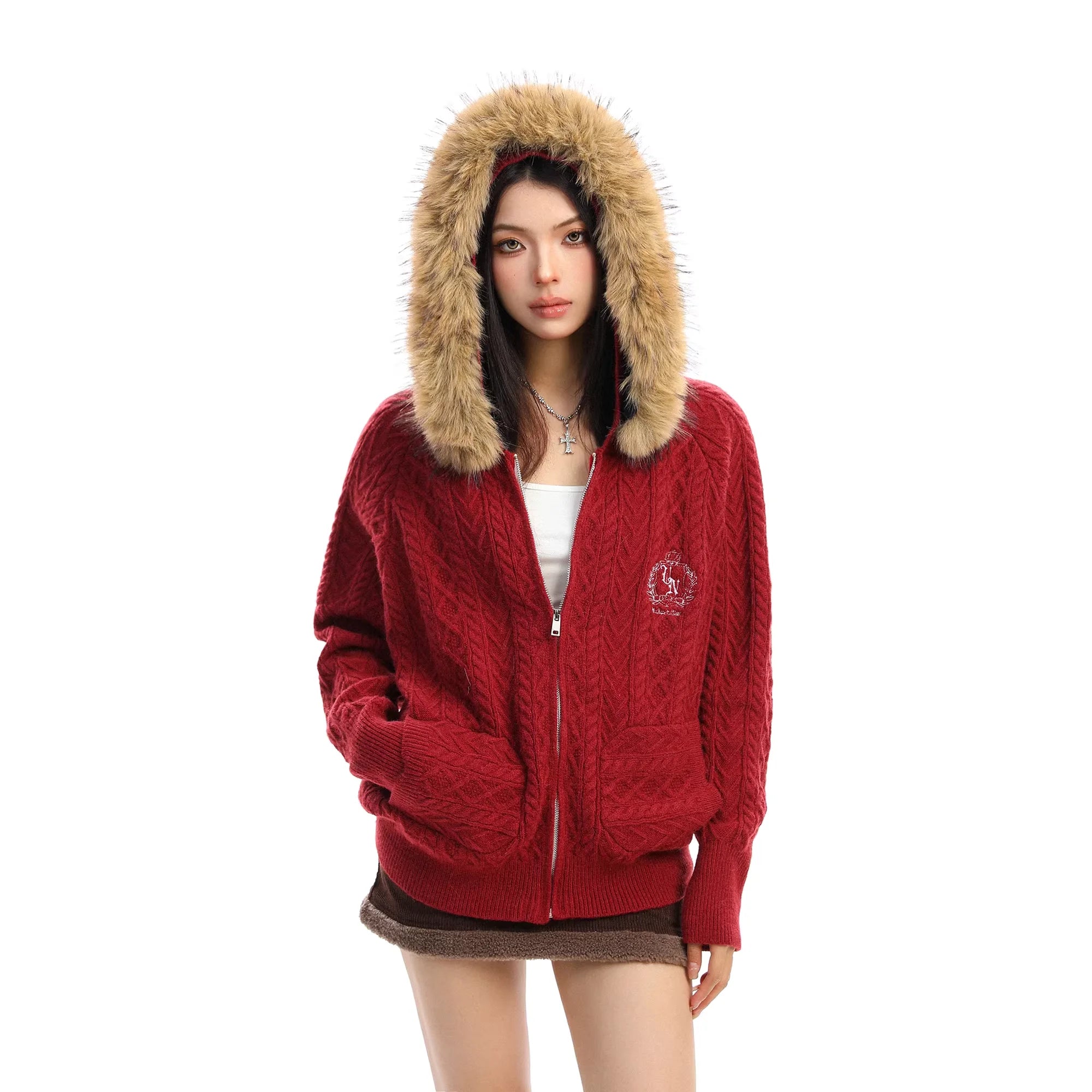 BIGGOLD STUDIO Women's Hooded Cable Knit Cardigan with Faux Fur Collar