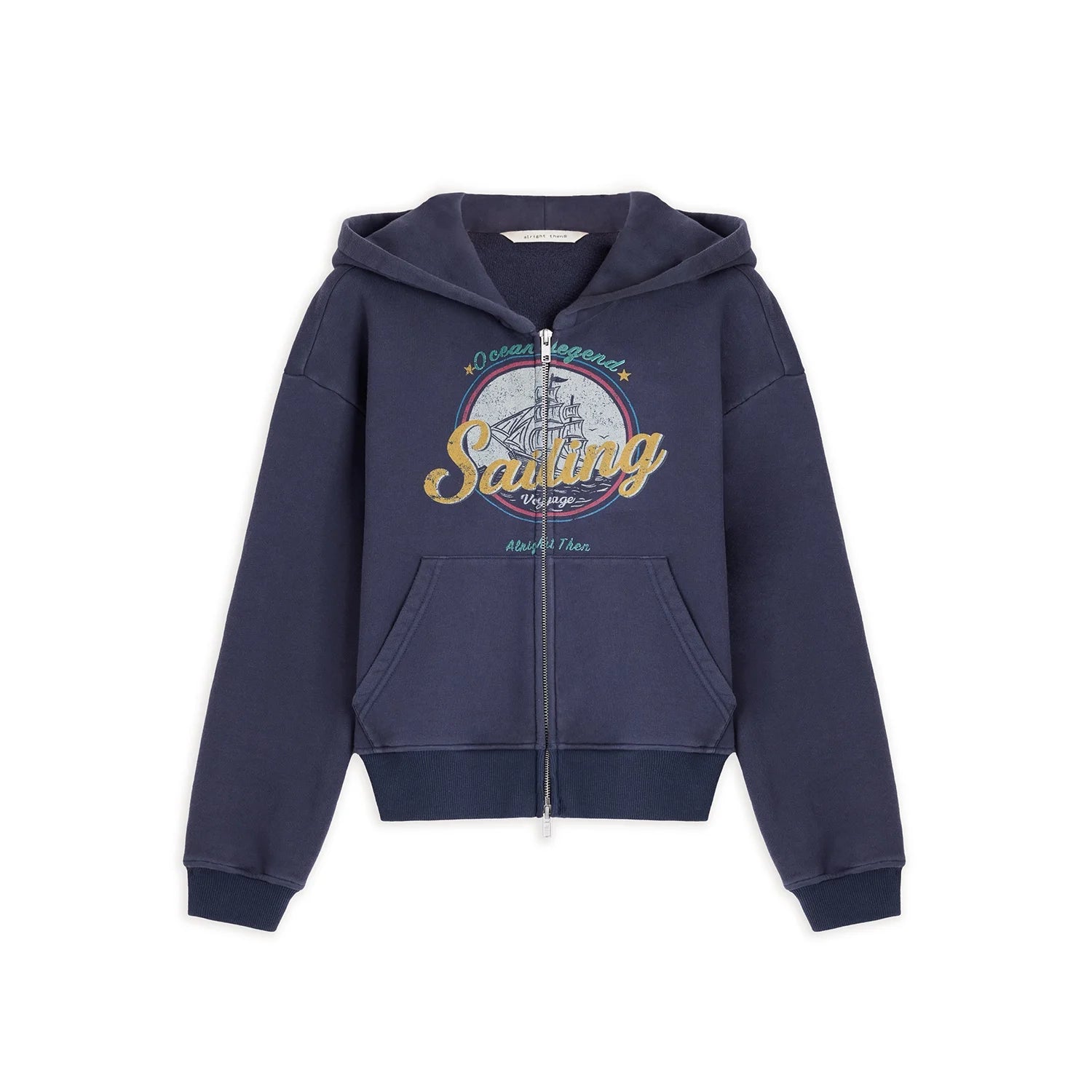 alright then Vintage Washed Zip-Up Hoodie with Nautical Graphic