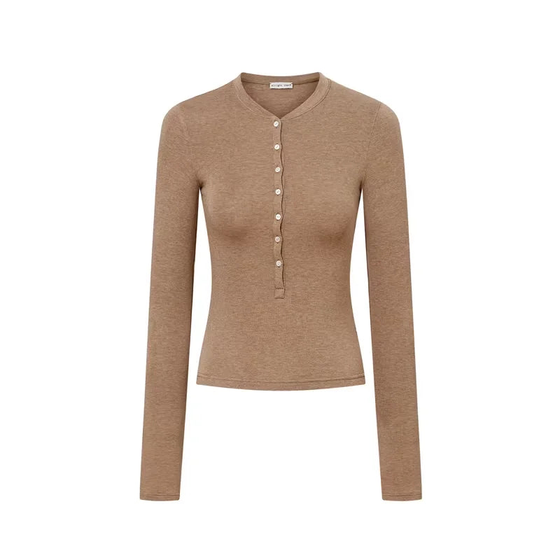 alright then Slim Wool Henley Long Sleeve Shirt with Shell Buttons