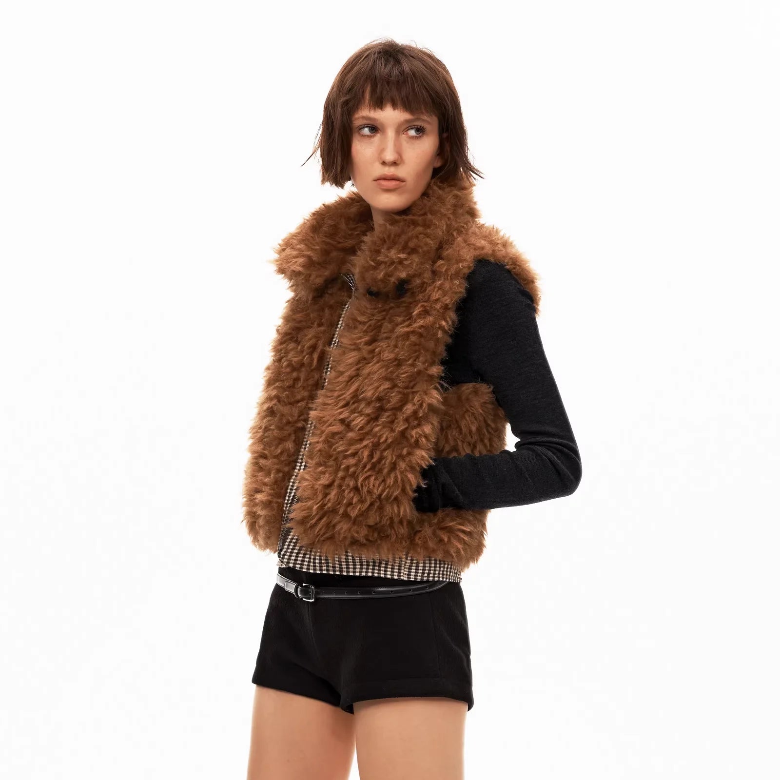 PUKI Reversible Sherpa Vest with Vintage Plaid High Collar