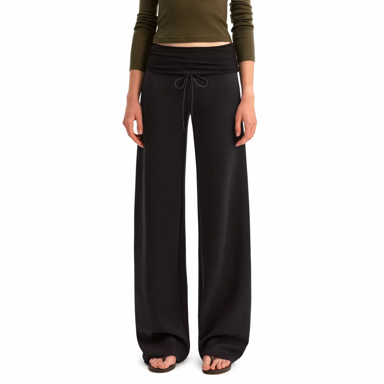PUKI Fold-Waist Wide-Leg Lounge Pants with Drawstring