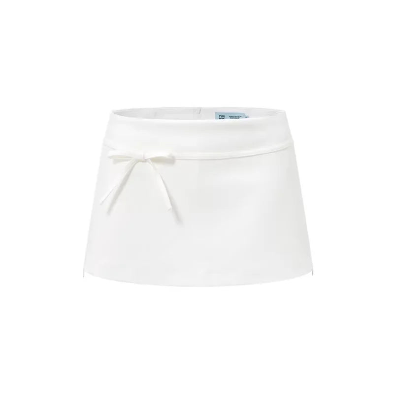 PUKI Vintage Low-Waist Mini Skirt with Detachable Bow and Lace-Up Detail