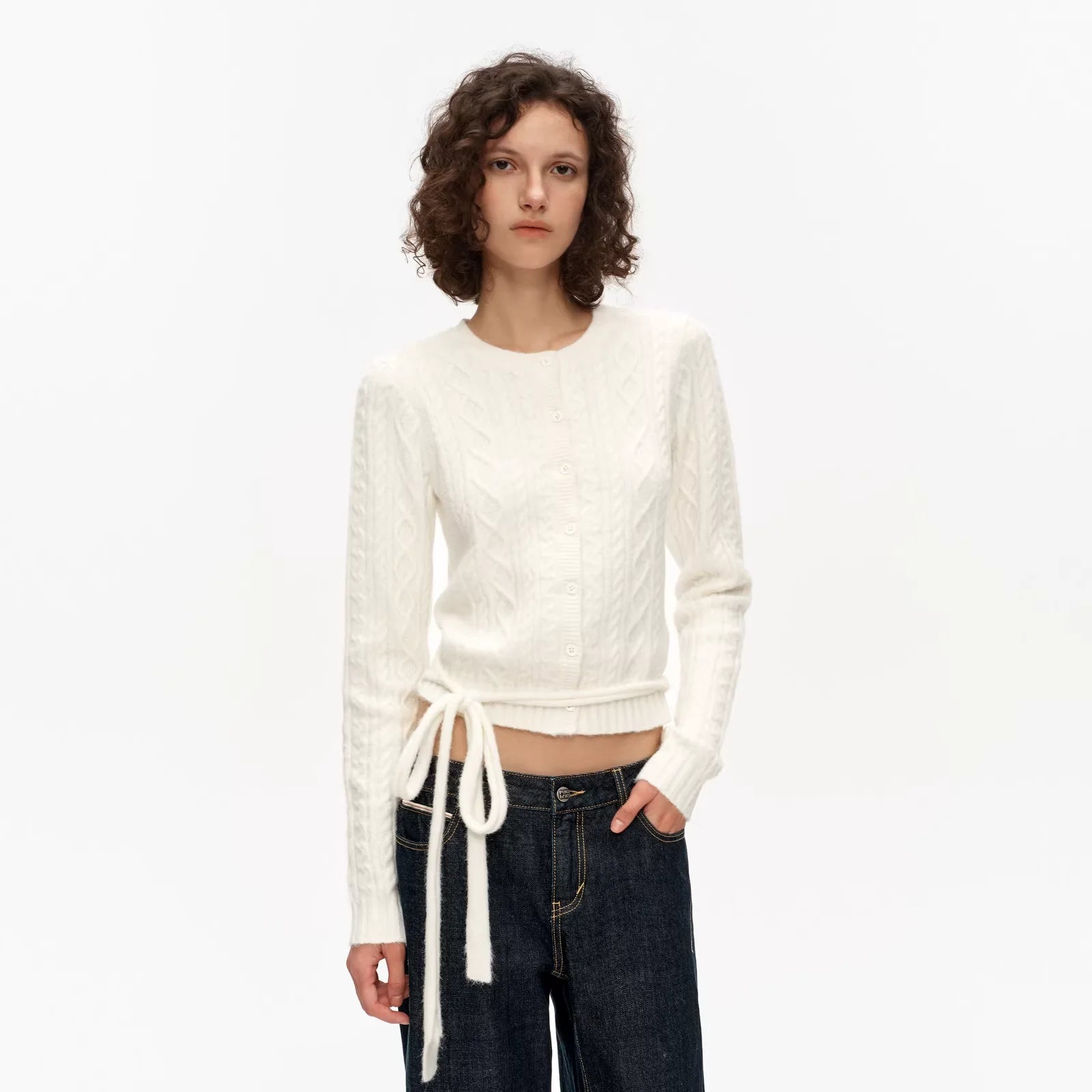 PUKI Cable Knit Belted Cardigan with Button Front