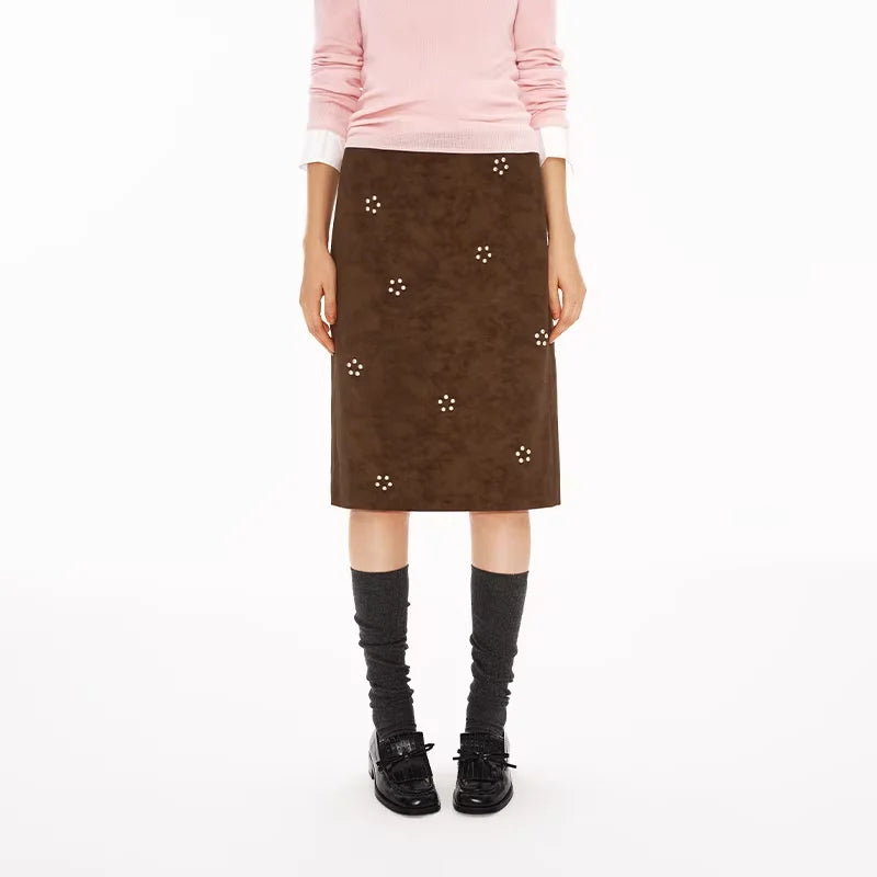 PUKI Floral Suede Beaded H-Line Slit Skirt