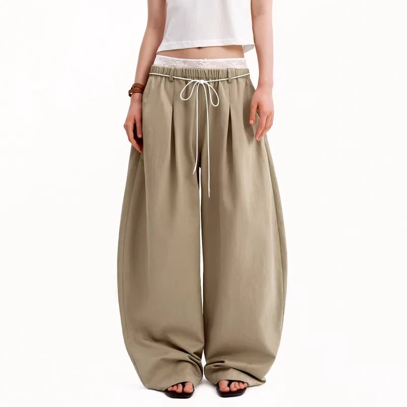 PUKI Women's Lace Waist Layered Wide-Leg Pants