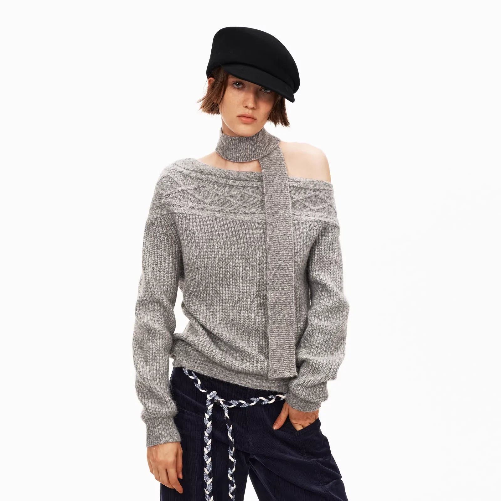 PUKI Red Cable Knit Off-Shoulder Sweater with Matching Scarf