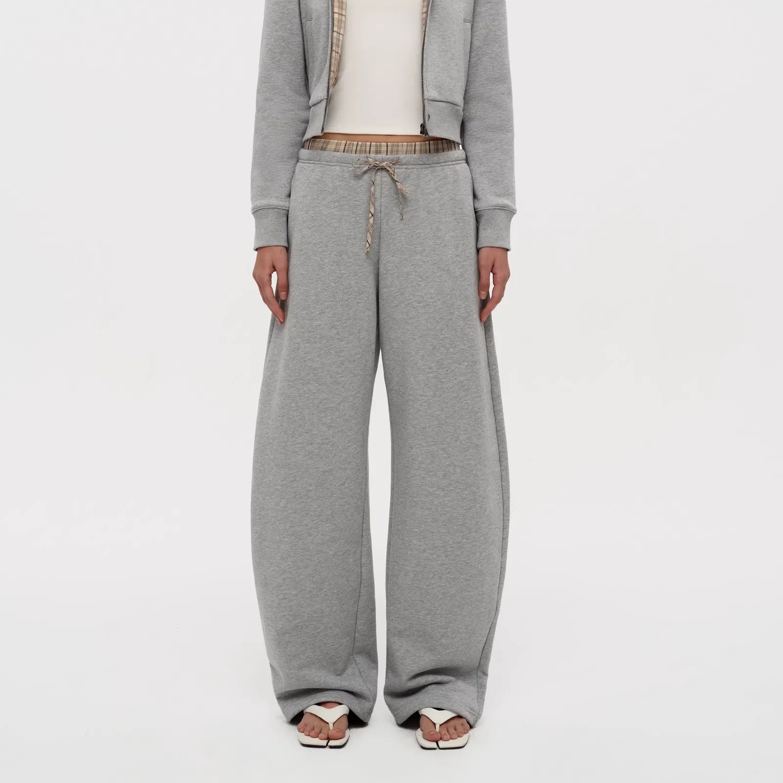 PUKI Plaid Patchwork Cropped Hoodie and Sweatpants Set