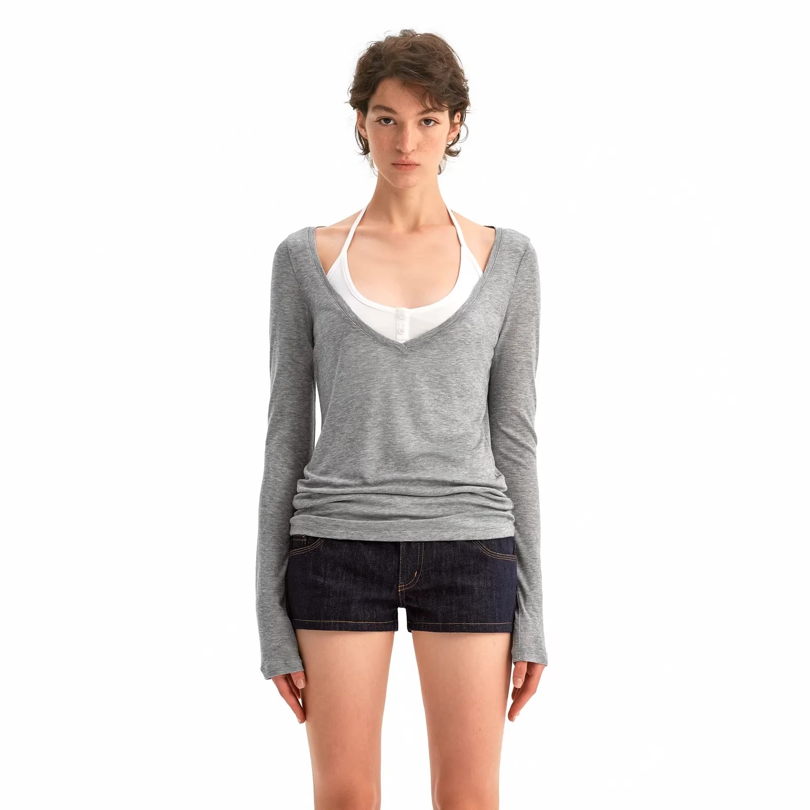 PUKI Two-in-One Striped Halter and Sheer Long Sleeve Top