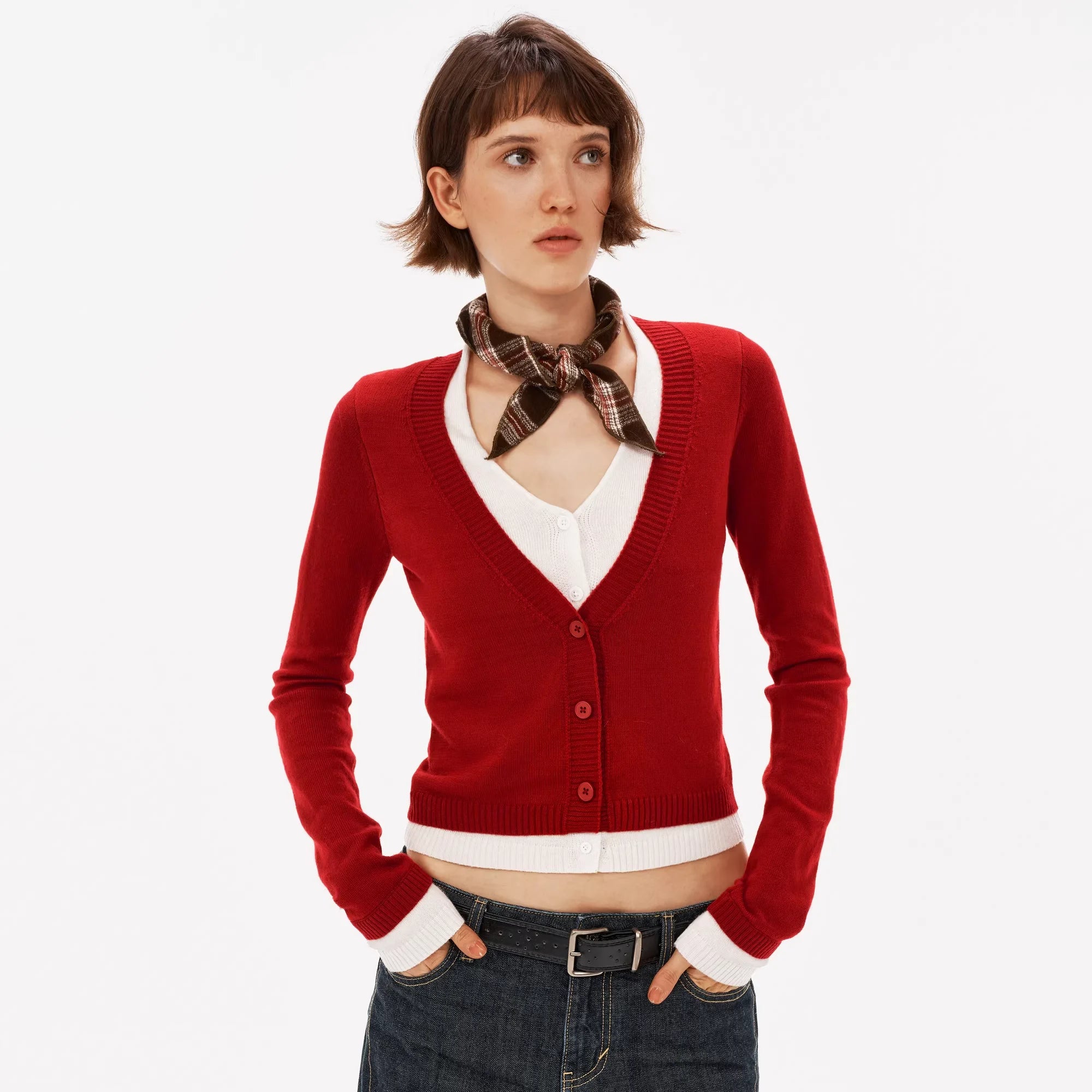 PUKI Layered V-Neck Wool Cardigan with Slim Fit Top