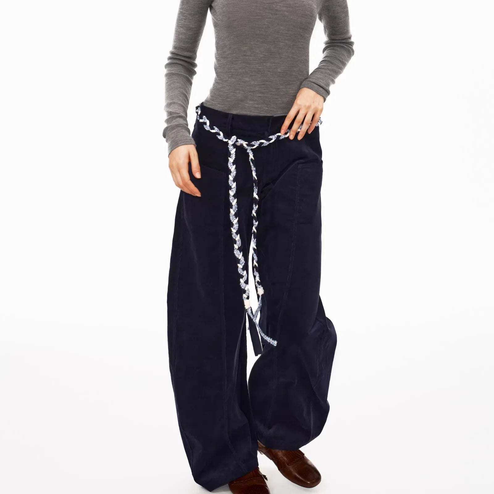 PUKI Vintage Corduroy Wide-Leg Pants with Braided Belt