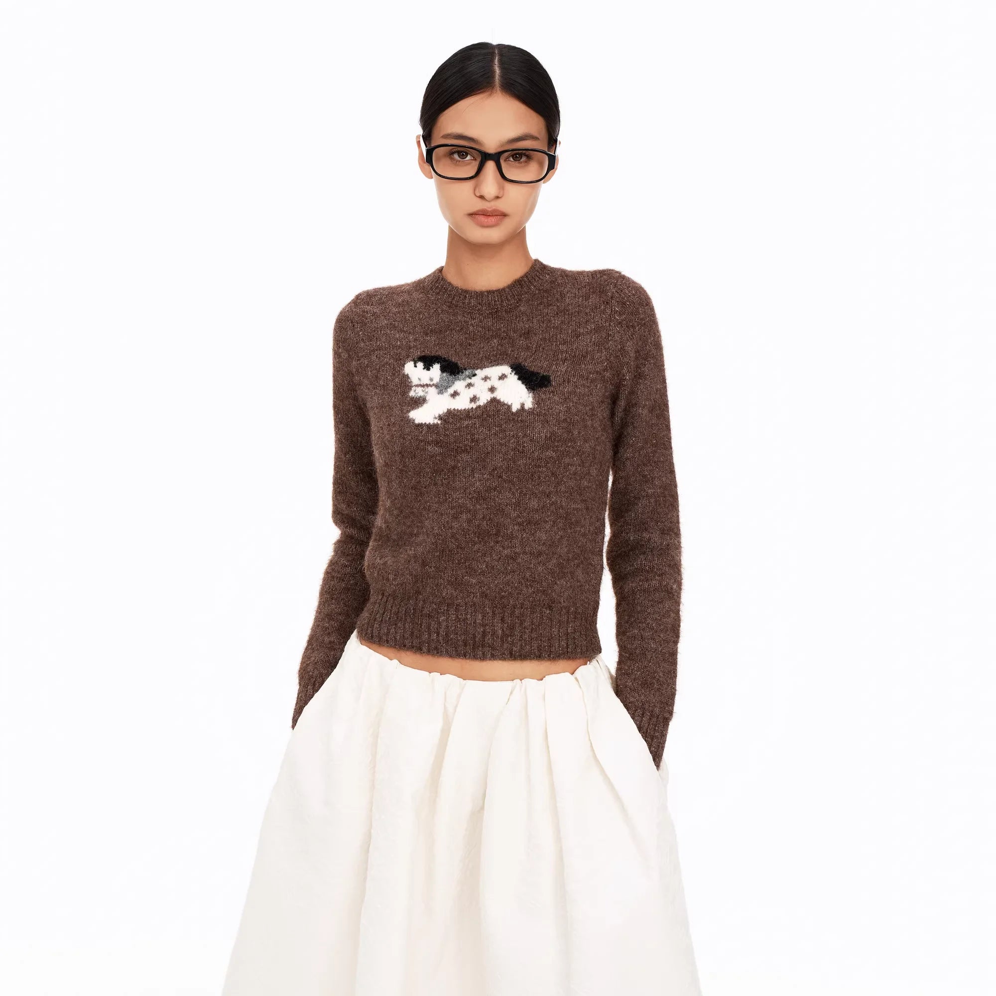 PUKI Embroidered Wool Sweater with Dog Motif and Crew Neck