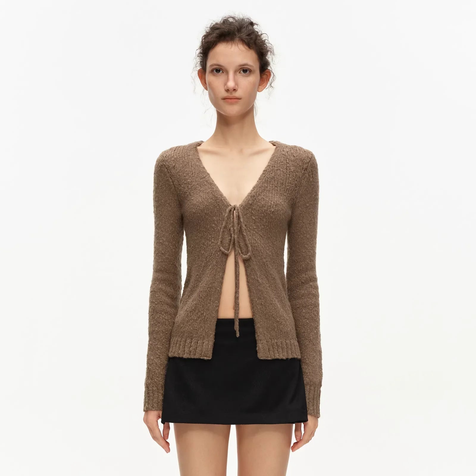 PUKI Textured Knit Tie-Front Cropped Cardigan