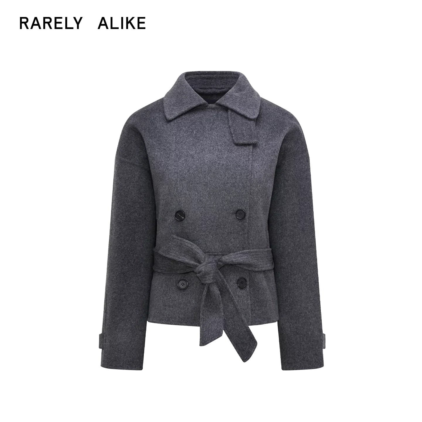 RARELY ALIKE Double-Breasted Wool Blend Belted Coat - Black and Grey