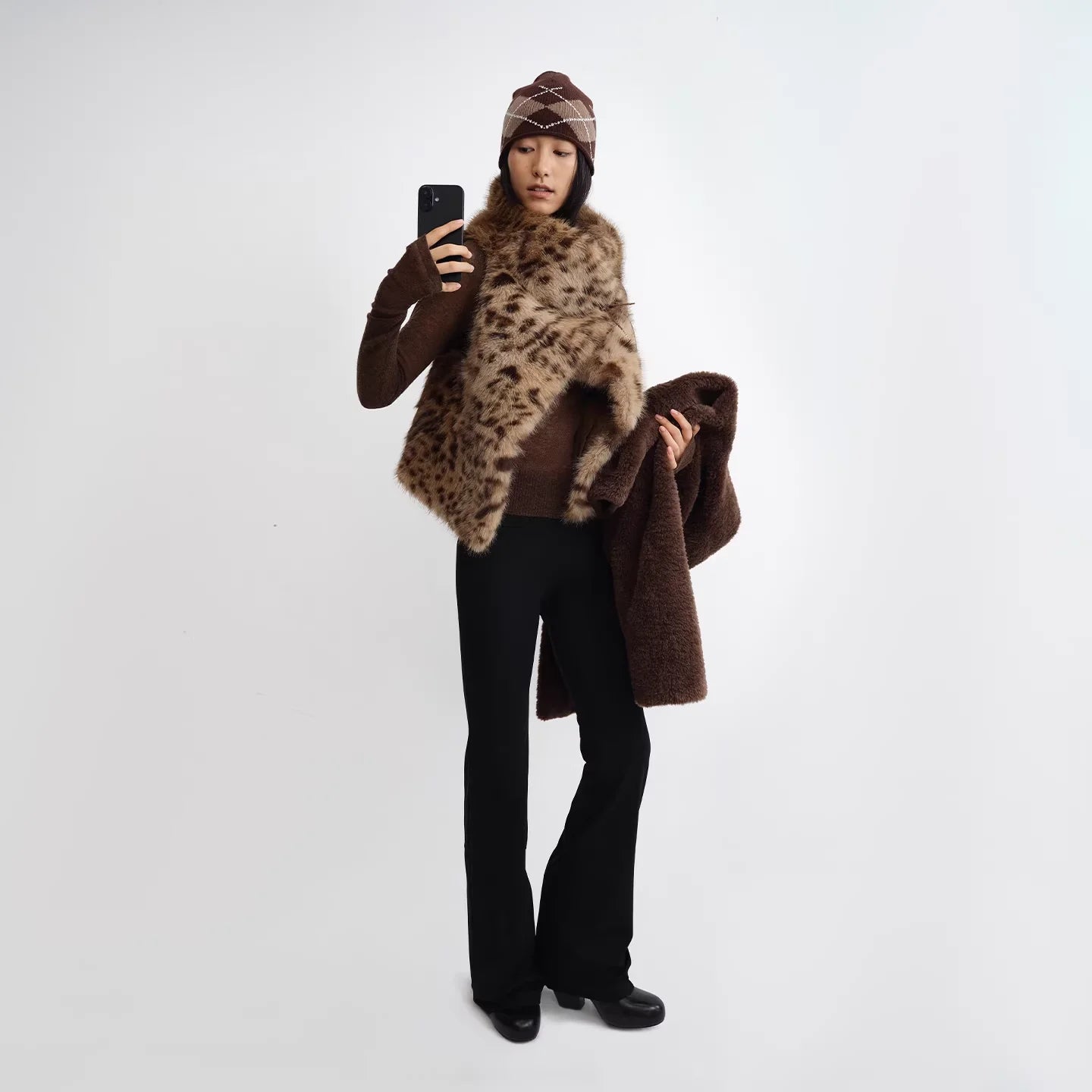 RARELY ALIKE Eco-Friendly Faux Fur Vest - Gray Brown Leopard Print